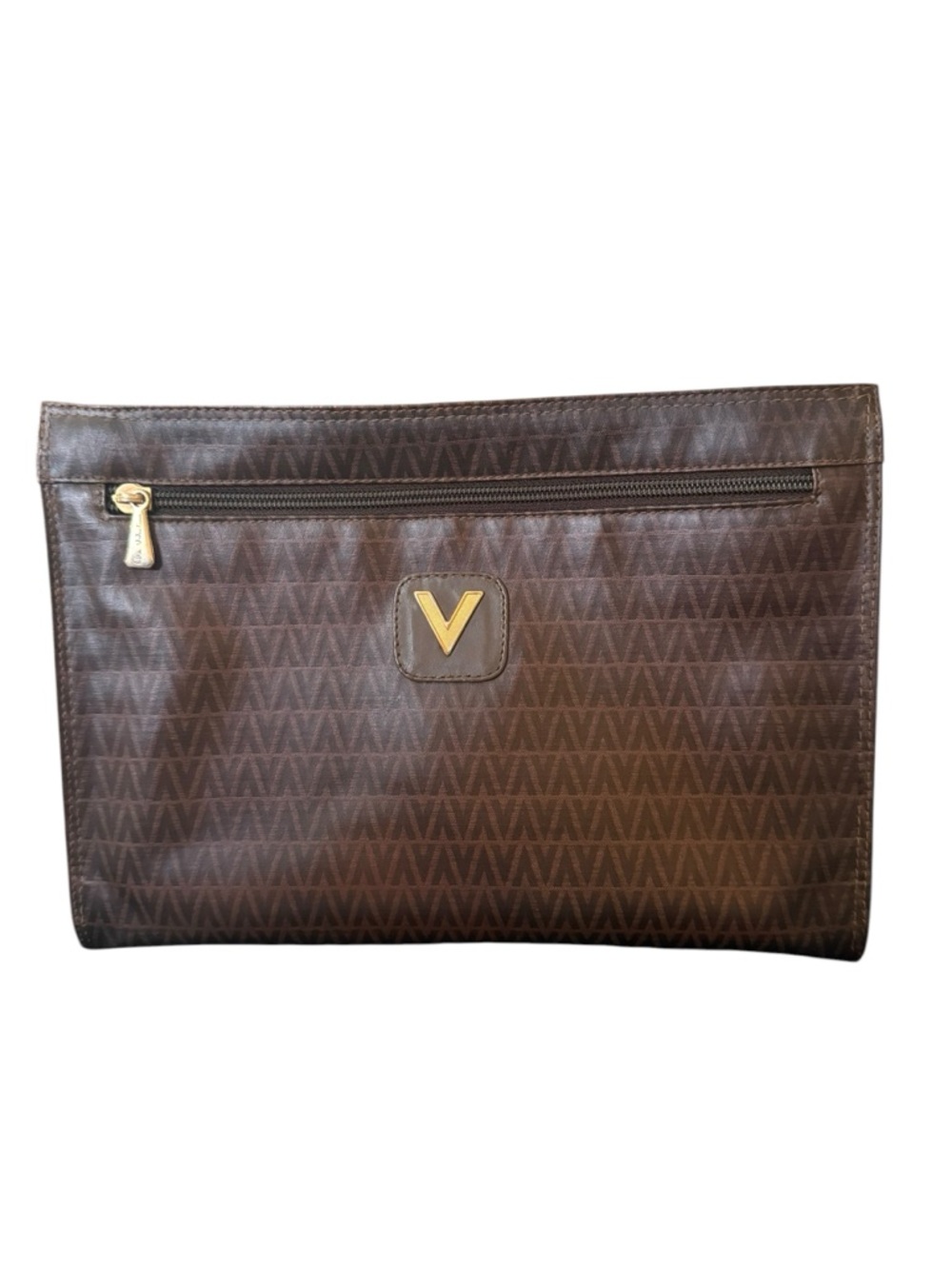 Valentino Brown Leather Zip Clutch with Gold V Emblem
